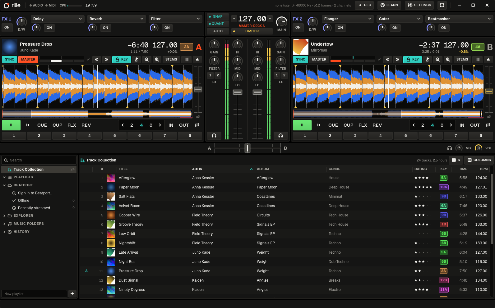 rille with two decks playing in sync: waveforms, mixer with EQ and filter, effects and the track collection.