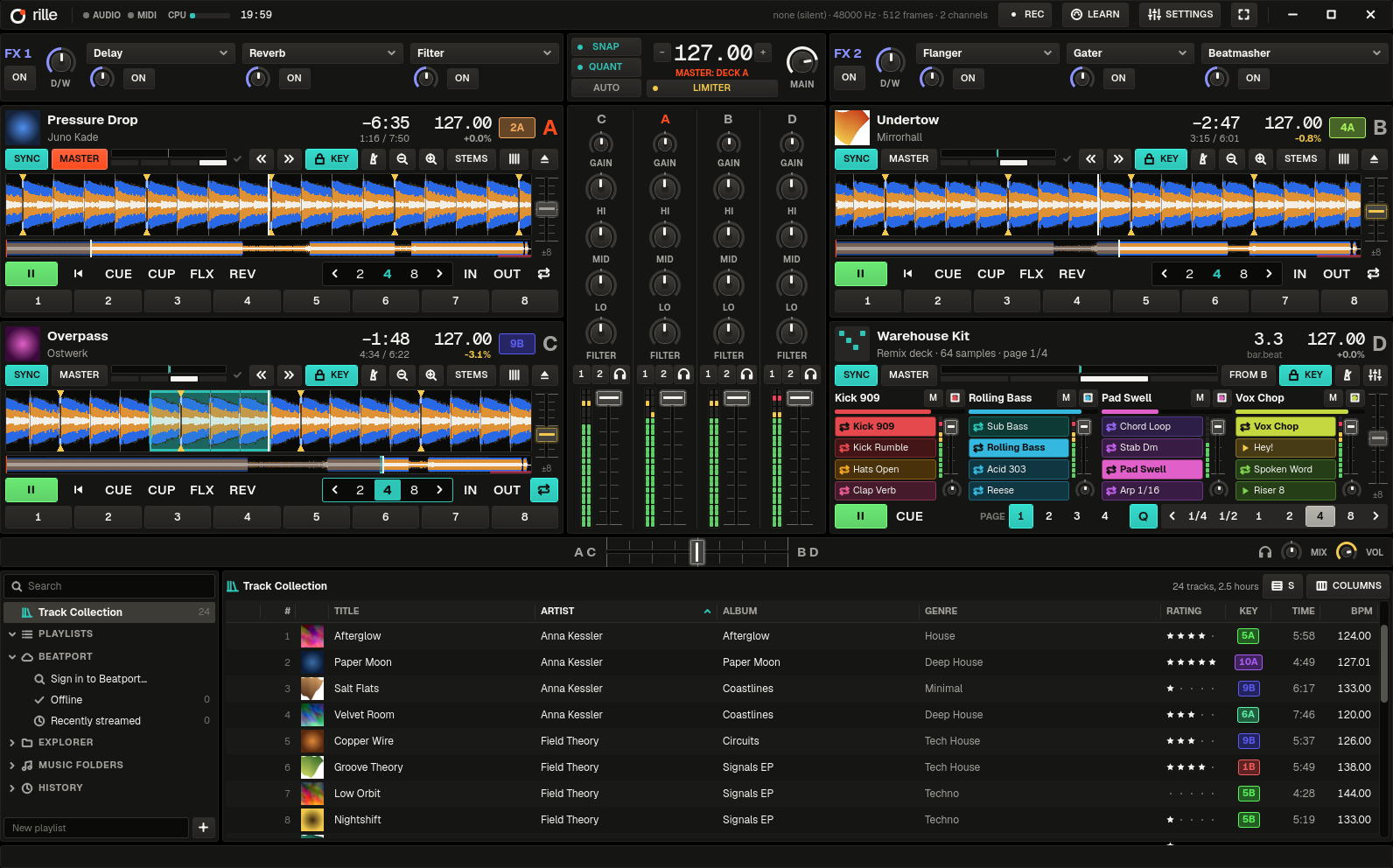 rille with four decks in sync: three track decks and a remix deck, stacked on each side of a four-channel mixer.