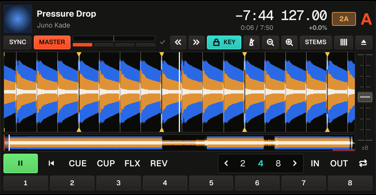 A rille deck: track title, remaining time, BPM, key, the beatgrid over the waveform and the transport controls.
