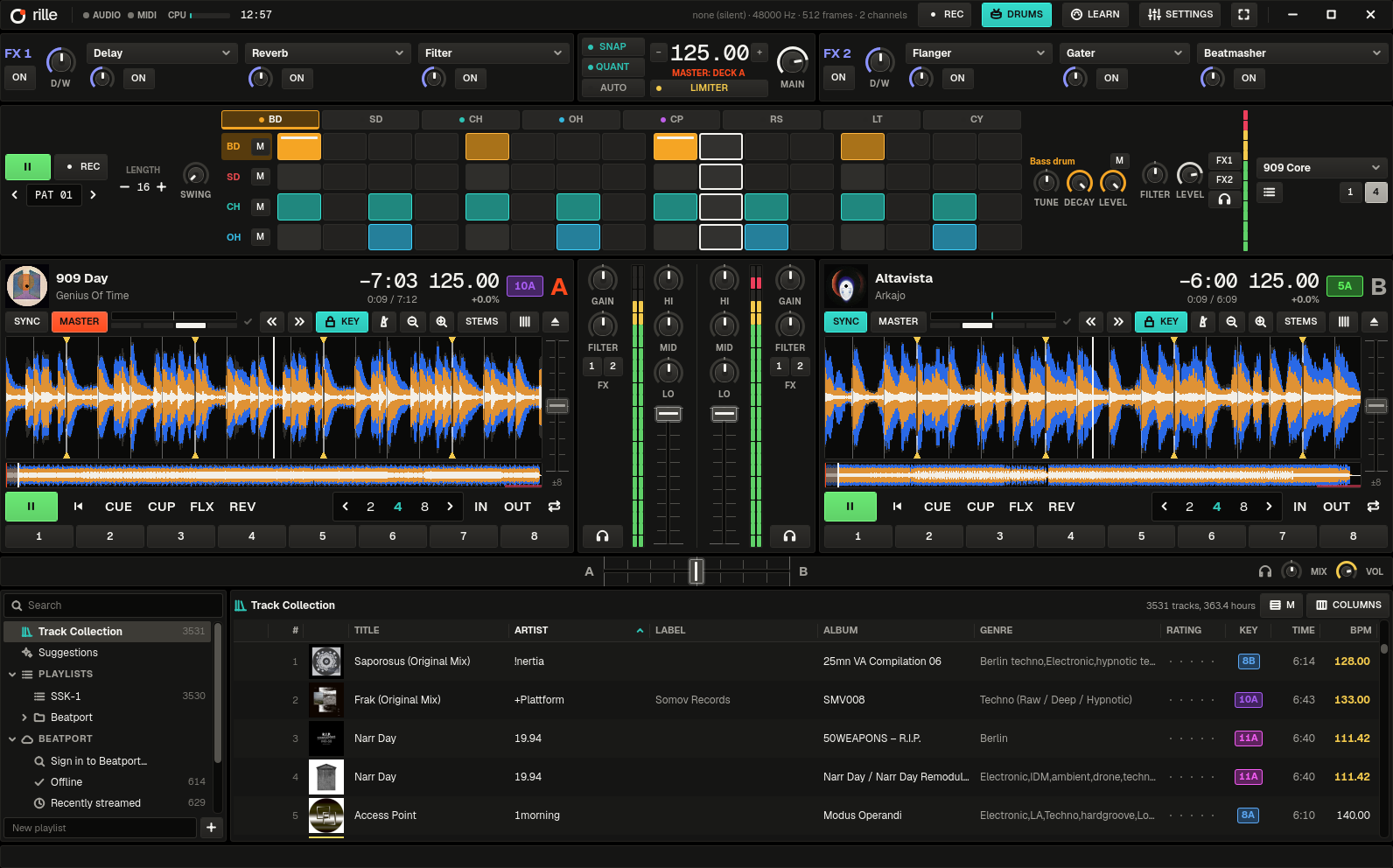 rille with the drum machine above two decks in sync: four sequencer rows for bass drum, snare, closed and open hi-hat, the playhead on step 10.
